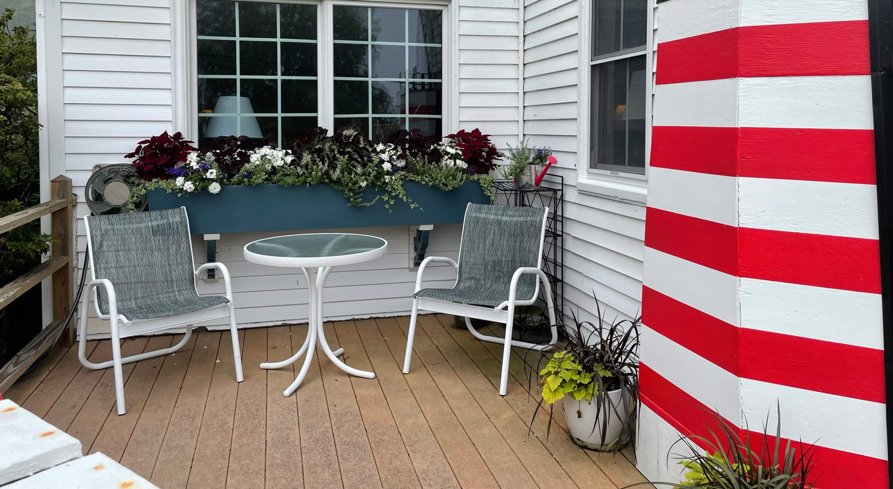 seating area on the deck at our historic MidCoast Maine Inn